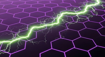 Obraz premium Abstract glowing thunderbolt on hexagonal grid, energy and tech backdrop