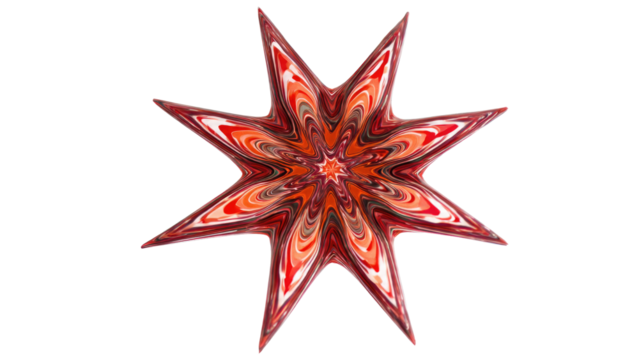 An intricate eight-pointed star features a vibrant, swirling marbling pattern in shades of red, orange, and white, creating a dynamic abstract design. background removed - Powered by Adobe