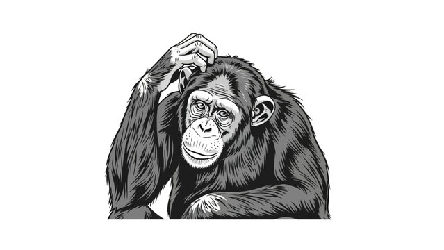 Thoughtful chimpanzee scratching head, showing confusion and contemplation, perfect for representing complex problem-solving situations