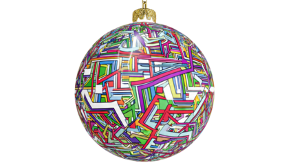 A vibrant, glossy Christmas ornament featuring an intricate, colorful geometric abstract pattern. Perfect for festive decorations and holiday cheer. background removed