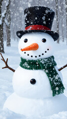 Adorable Snowman Decoration: Festive Winter Wonderland with Snowflakes and Scenic Trees