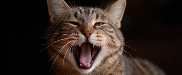 A fluffy domestic cat displaying a broad yawn with sharp teeth and long whiskers