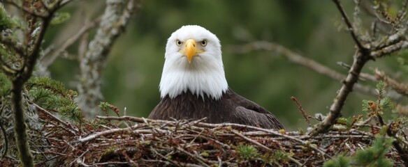 Obraz premium Bald eagle perched on its huge home up high in the tree.