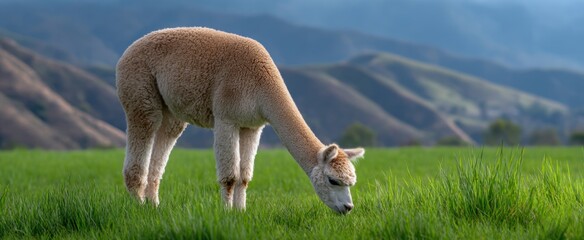 Fototapeta premium Alpaca savoring calm joy while grazing gently in the lush green pasture field