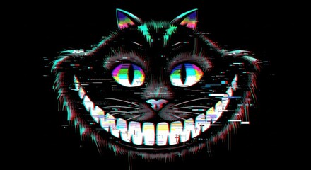 A digital rendering of a feline face imbued with chromatic aberration and glitch art elements