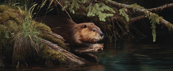 Fototapeta premium Beaver chewing a wood fragment near the riverbank.