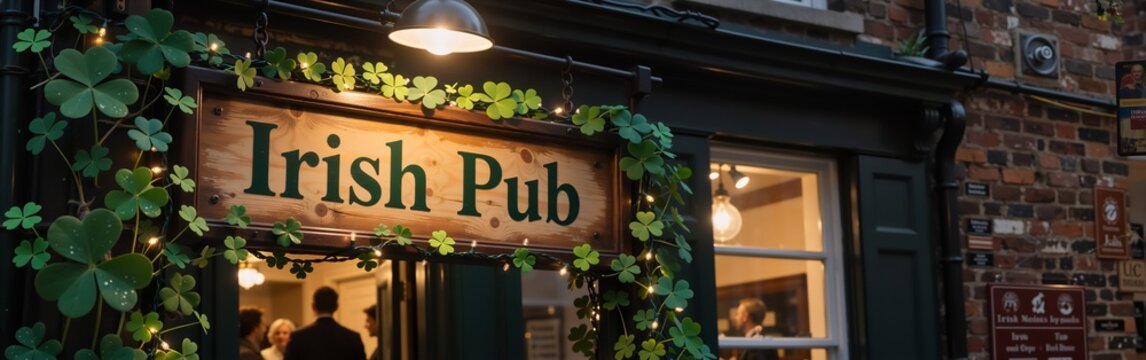 Cozy irish pub with clover decor and ambient lighting in urban alley