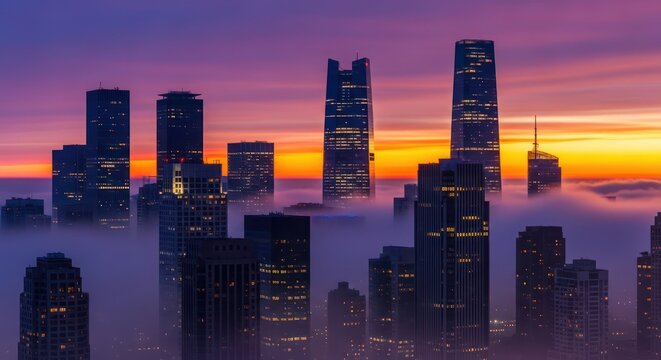 A mesmerizing cityscape at dawn emerges from ethereal fog in vibrant colors - Powered by Adobe
