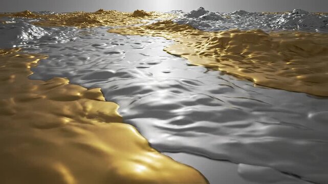 Simulated aerial drone flight sweeping slowly over abstract undulating terrain covered in shimmering, reflective gold and cool silver liquid texture space, simulated aerial, website header
