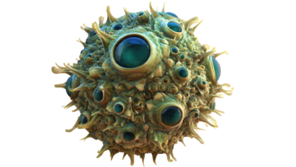 Highly detailed spherical entity resembling a microscopic organism or otherworldly creature, adorned with spikes and multiple glossy blue-green eyes. background removed