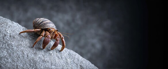 Hermit crab climbing up a rough rocky surface background.