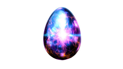 A glowing, egg-shaped object emanates vibrant blue, purple, and orange energy, creating a dynamic and otherworldly visual effect. background removed