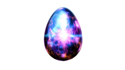 A glowing, egg-shaped object emanates vibrant blue, purple, and orange energy, creating a dynamic and otherworldly visual effect. background removed