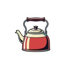 Red and Cream Kettle with Wooden Handle Illustration.