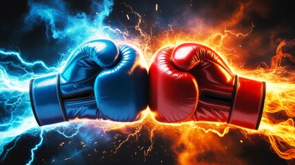 Two boxing gloves clash, one blue and one red, surrounded by vibrant electric flames, symbolizing competition and intensity.