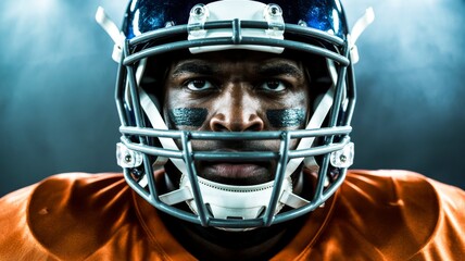 A focused portrait of a football player in helmet and gear, showcasing determination and intensity, set against a dramatic background.