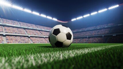 A soccer ball on a lush green field, illuminated by stadium lights, with a crowd in the background, capturing the thrill of a live sports event.