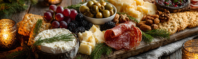 Christmas holiday charcuterie table scene on a white wood banner background. Above view. Assorted cheese, fruit and meat appetizers.