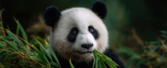 Naklejka premium Panda feeds on fresh bamboo stalks within its natural habitat.