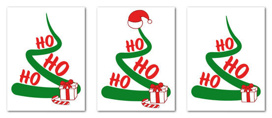 Saying ho ho ho. Set of Christmas and Happy New Year greeting cards with lettering calligraphy, decorative elements. Flat design with doodles hand drawn icons