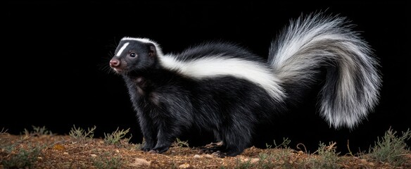 Skunk standing ready with raised tail showing a cautious and watchful pose