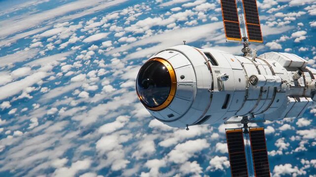 A close-up view of a space station module orbiting Earth, showcasing the curvature of the planet and bright cloud formations