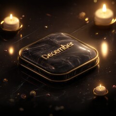 Illuminated black marble square tile with gold trim and "December" text, surrounded by candles