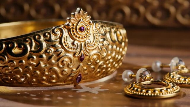 Close-up view of intricately designed gold jewelry featuring a decorative bangle and matching earrings set against a beautifully textured background