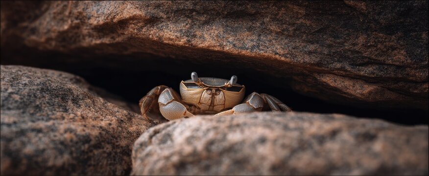 The crab nestles shyly beneath the rock formation seeking quiet safety.