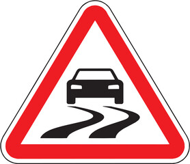 Slippery road hazard icon set. Vector glyph pictograms of car skid, warning triangle, driving danger, road safety symbol black silhouette