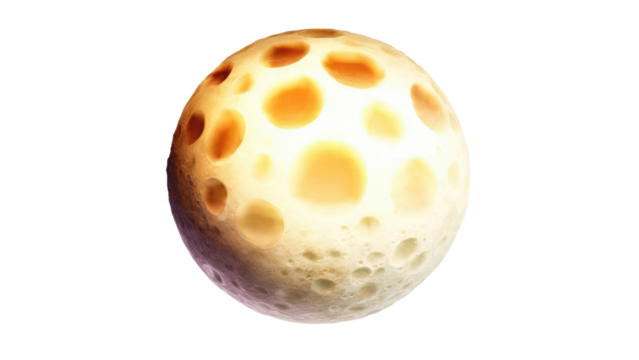 A luminous, cratered sphere resembling a moon or alien planet, glowing brightly with internal light, against a solid transparent background. background removed - Powered by Adobe