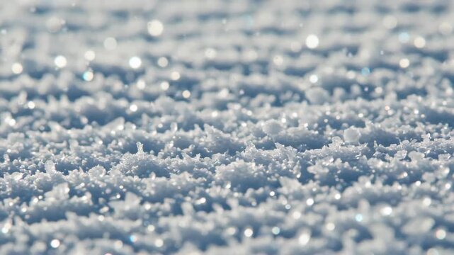 Close-up view of sparkling snowflakes on a snowy surface glistening under sunlight