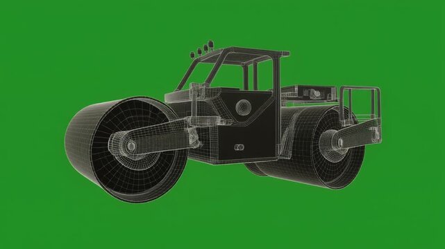 Wireframe road roller on greenscreen drum rotating slowly simple