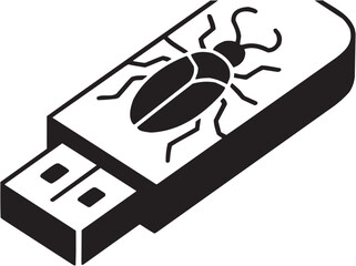 Malware USB icon set. Vector glyph pictograms of flash drive, bug symbol, computer virus, tech threat, digital infection black silhouette