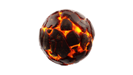 A glowing, fiery sphere with a cracked, cooling surface, depicting a molten lava core or burning planet. Dynamic and intense visual. background removed