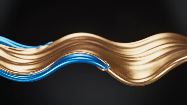 Slow motion close-up of a vibrant liquid blue and gold fluid substance flowing and rippling like an abstract smooth sinusoidal waveform current, gold, close-up