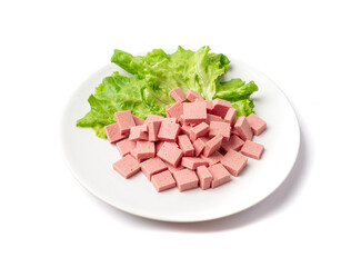Diced Mortadella Slice Isolated, Luncheon Meat Cut, Chicken Ham Cubes, Boiled Sausage for Breakfast