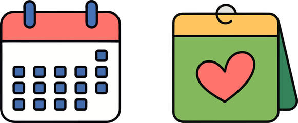 Two colorful calendars, one with a heart symbol, representing special dates and planning.