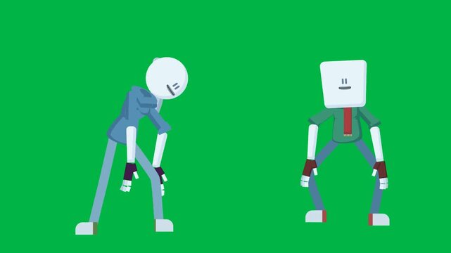 Two cute stick figures playfully boxing and punching each other in a fun fight on green screen chromakey background. Perfect loopable 2d animated cartoon animation for kids content, games, and