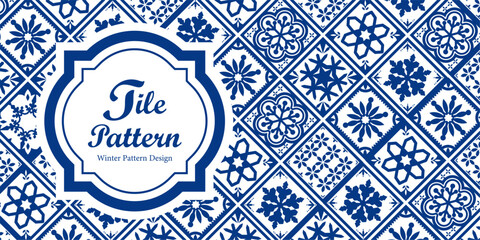 ネイビーブルーの雪の結晶タイルパターン見出しテンプレート 冬のデザイン素材 | ベクター素材 バナー カード コピースペース