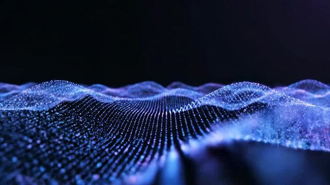 Slow motion ethereal glowing particles of light forming a mesmerizing blue and violet dynamic digital wave across a dark empty void in a looping visualization dark blue, magical, violet light