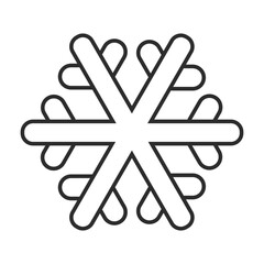 Simple black and white line icon of a stylized snowflake with six arms and rounded ends