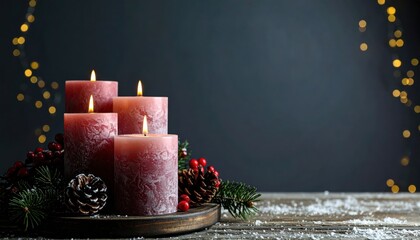 Warm holiday glow with rustic candles and pinecones, perfect for Christmas promotions and winter season designs, evoking cozy feelings of the season