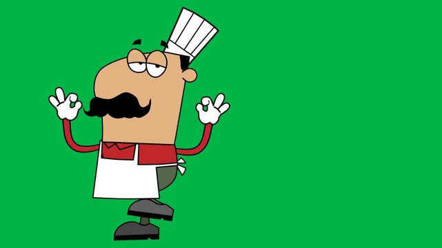 Cheerful chef with big mustache dancing and celebrating on green screen chromakey background. Energetic loopable 2d animated cartoon animation great for cooking success, food party, and happy