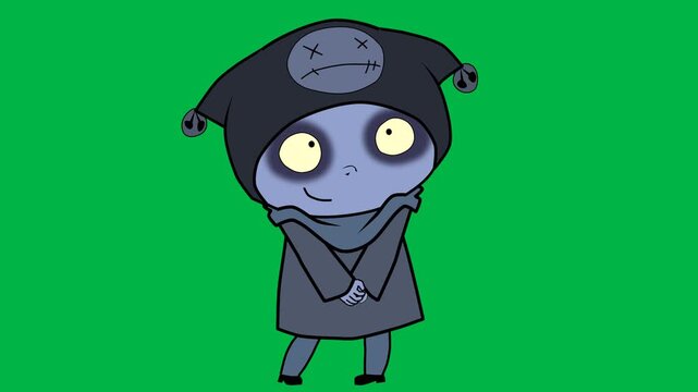 Creepy zombie girl with black hair and pale skin standing still on green screen chromakey background. Spooky loopable 2d animated cartoon animation great for Halloween, horror games, and undead