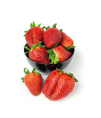 Fresh strawberry isolated, whole ripe straw berry, red juicy imperfect strawberri with green leaves