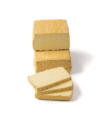 Tofu Cheese Isolated, Smoked Vegan Cheese Slice, Sliced Soya Bean Curd, Soy Protein or TSP