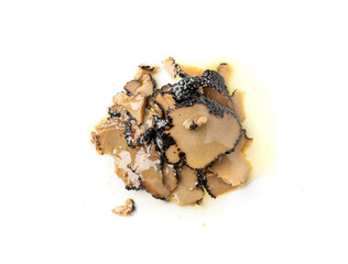 Truffle Slices Isolated, Tuber Melanosporum Mushroom Pieces in Oil, Canned Black Truffle