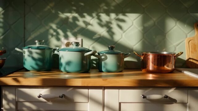 Colorful cookware arranged on a wooden countertop with sunlight casting shadows, creating an inviting kitchen atmosphere