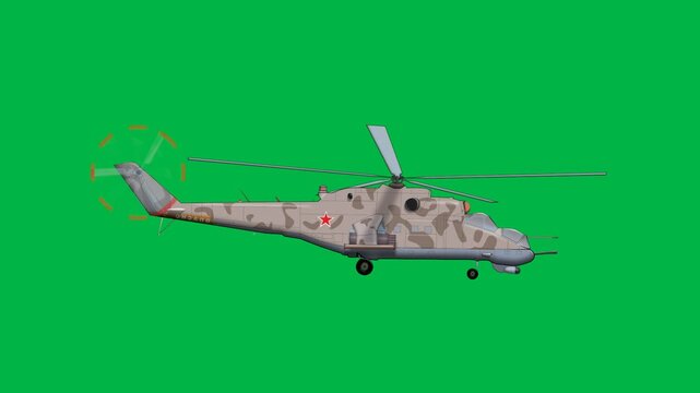 Military helicopter flying forward with spinning rotors on green screen chromakey background. Powerful loopable 2d animated cartoon animation great for army, action, war, and rescue mission scenes.